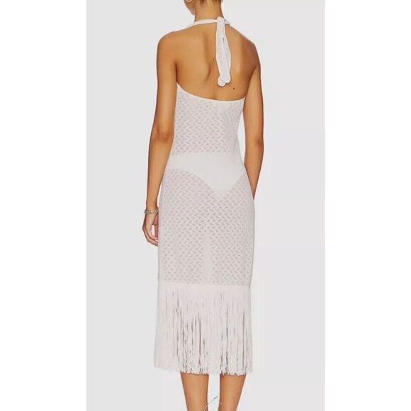Waimari D267LCW Women's Sz Medium White Levisa Fringe Hem Halter Midi Dress - Picture 14 of 15